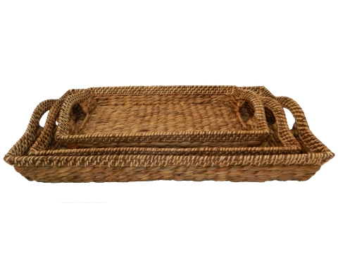 3pc water hyacinth tray with rattan handles